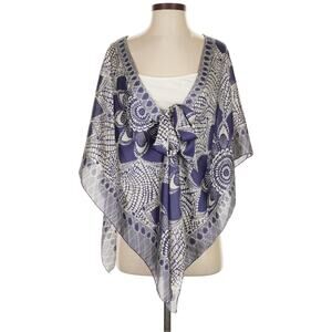 Alexis Satin Poncho Blouse Blue/White Geometric Pattern Size Small